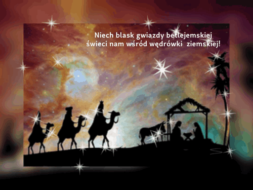 Błyszcząca kartka z Trzema Królami docierającymi do Betlejem